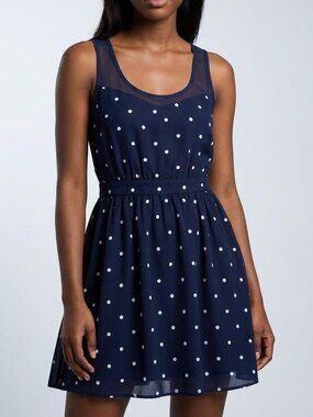 Urban Outfitters Kimchi Blue Navy Blue Polka Dot Chiffon Mesh Inset Dress Medium